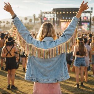 Coachella Vibes Custom Denim Jacket - Unisex Oversized Light Denim Blue